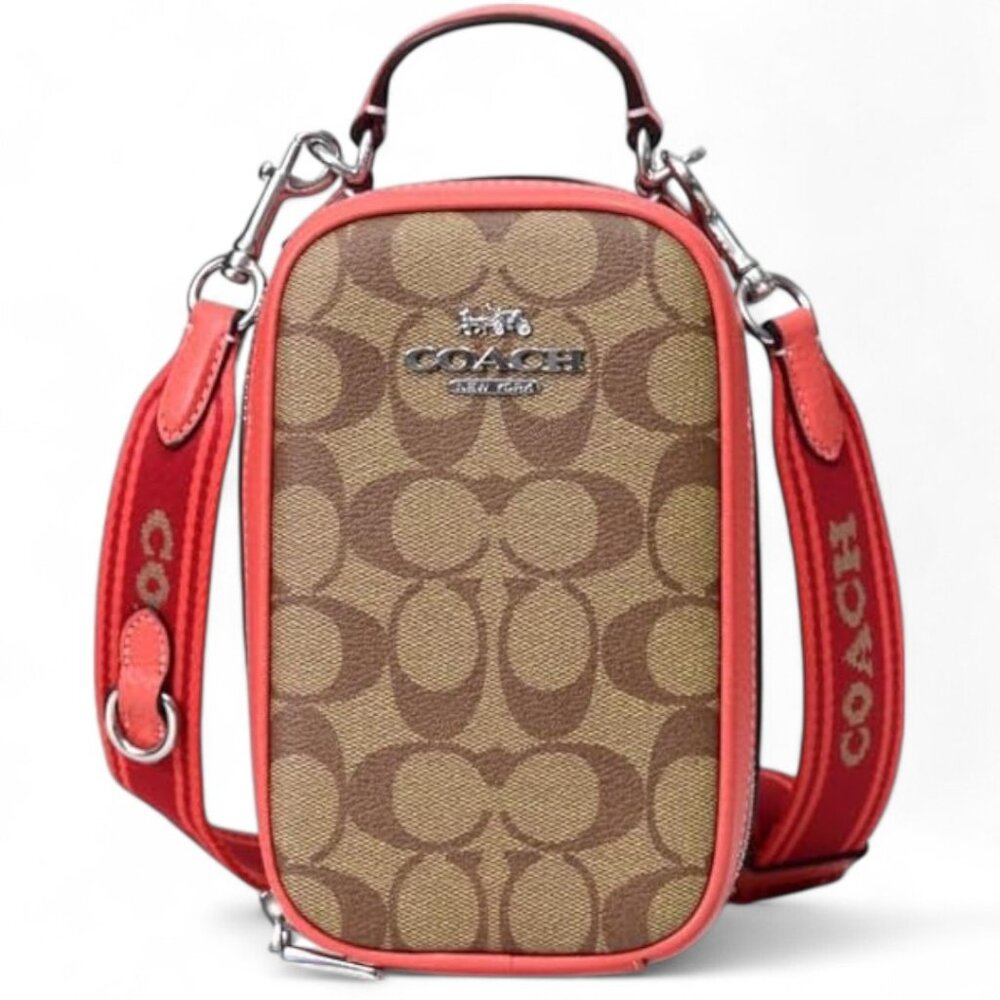 💰SALE💰 NWOT Eva Phone Crossbody in Signature Canvas - Silver/Khaki/Tangerine - Picture 2 of 13